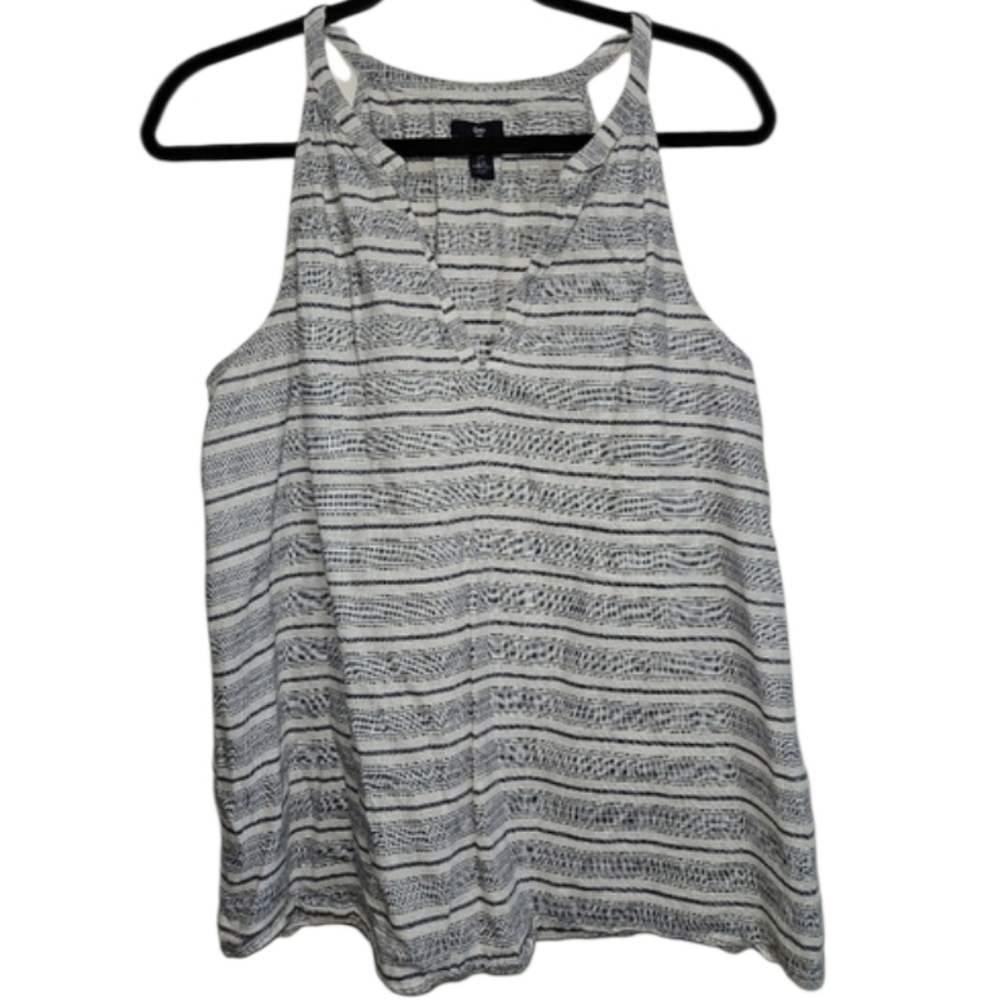 GAP Tank Top High Neck Blue White Stripe Linen Cotton Sleeveless Blouse
